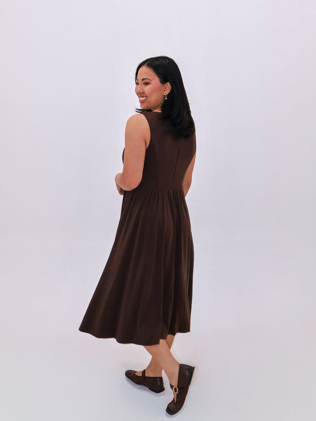 Petite Maternity & Breastfeeding Dress in Dark Chocolate, back view