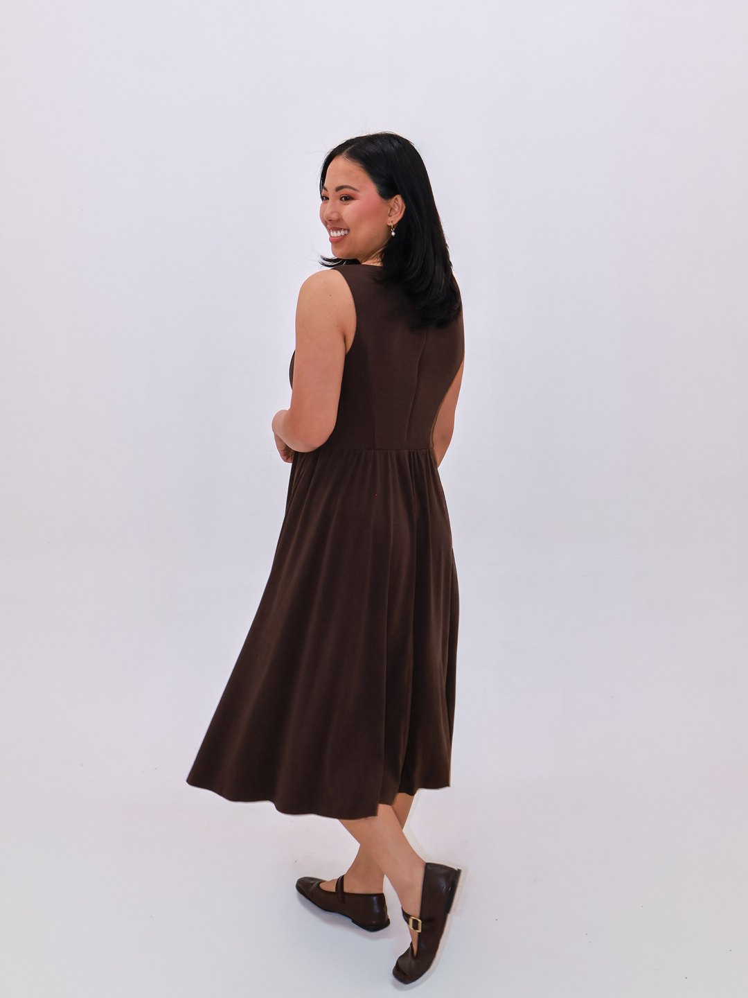 Petite Maternity & Breastfeeding Dress in Dark Chocolate, back view