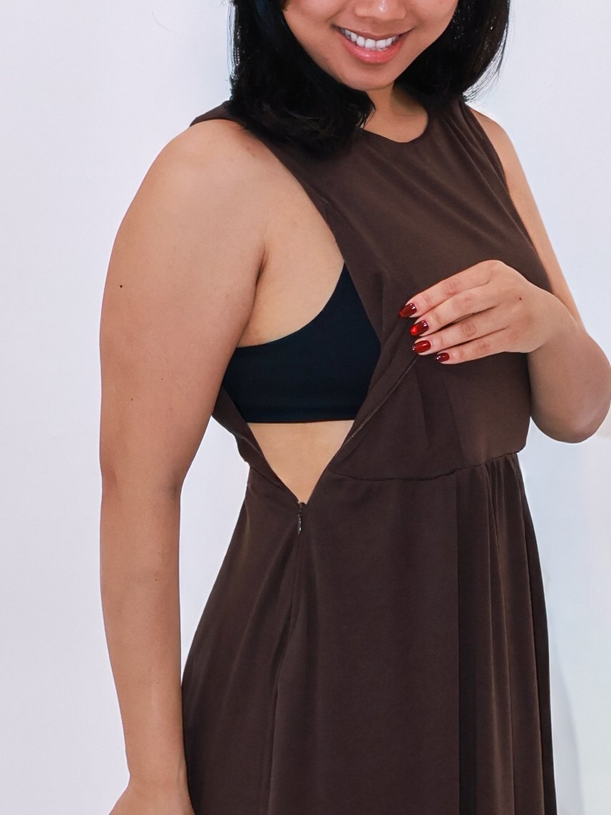 Side feeding opening of the Petite Maternity & Breastfeeding Dress in Dark Chocolate, shown open
