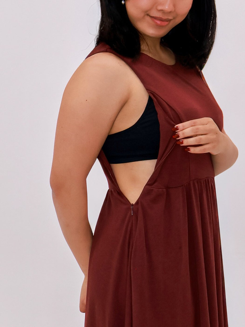 Side feeding opening of the Petite Maternity & Breastfeeding Dress in Red Wine, shown open